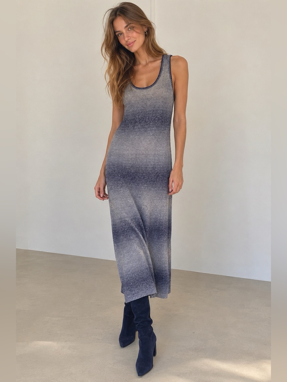 Massimo Dutti Blue Gray Ombré Knit Sleeveless Maxi Dress Size S